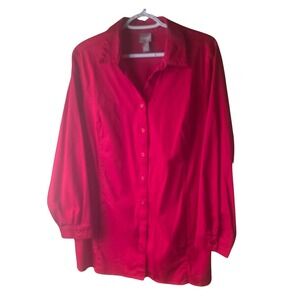 Chico's Red Button Front Stretch Shirt Women's Size XL Long Sleeve Cotton Blend